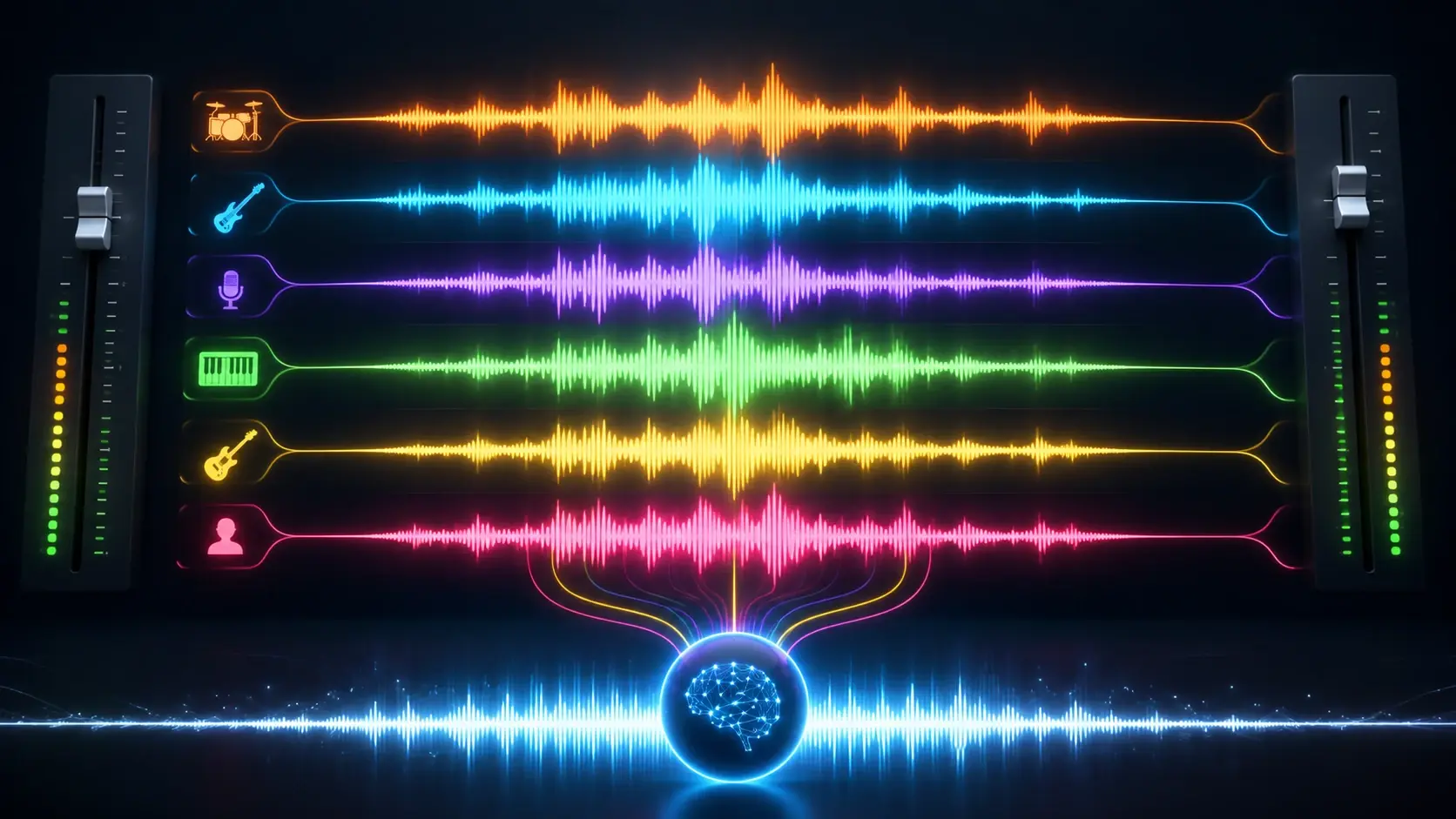 Volume sliders balancing music and add sound to video effects around a voice clip