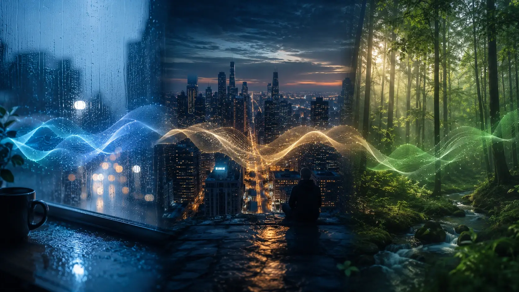 Rainy room scene gaining ambience as add sound to video adds soft weather sound