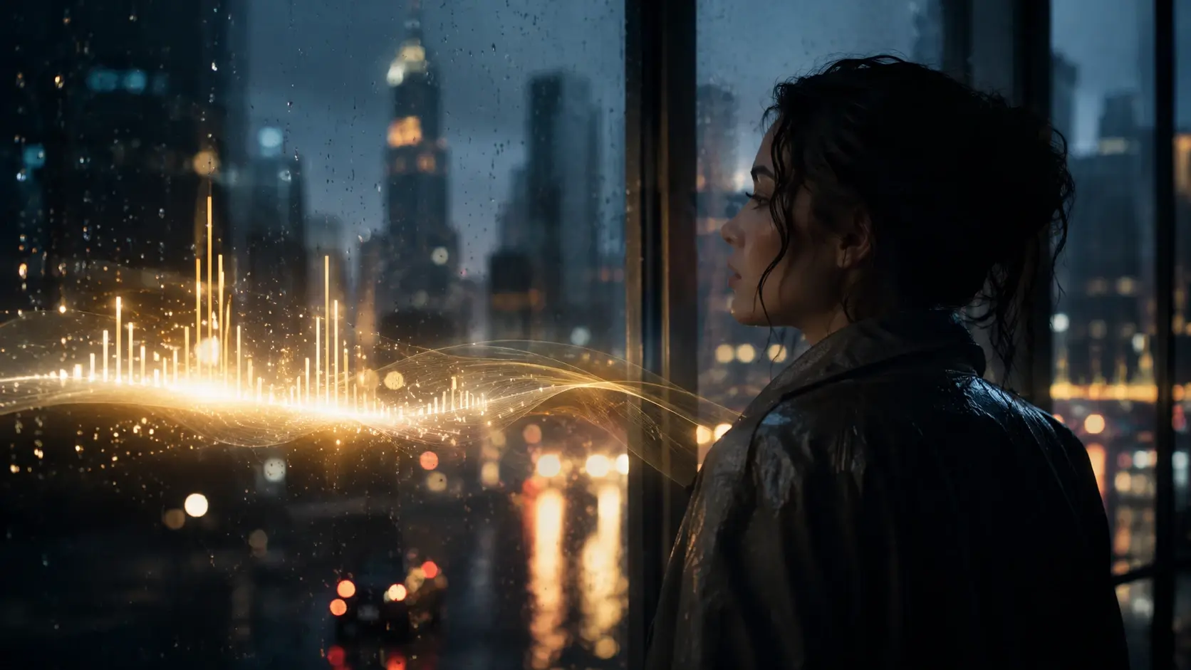 Moody intro clip with rain shots and ai music generator piano cues