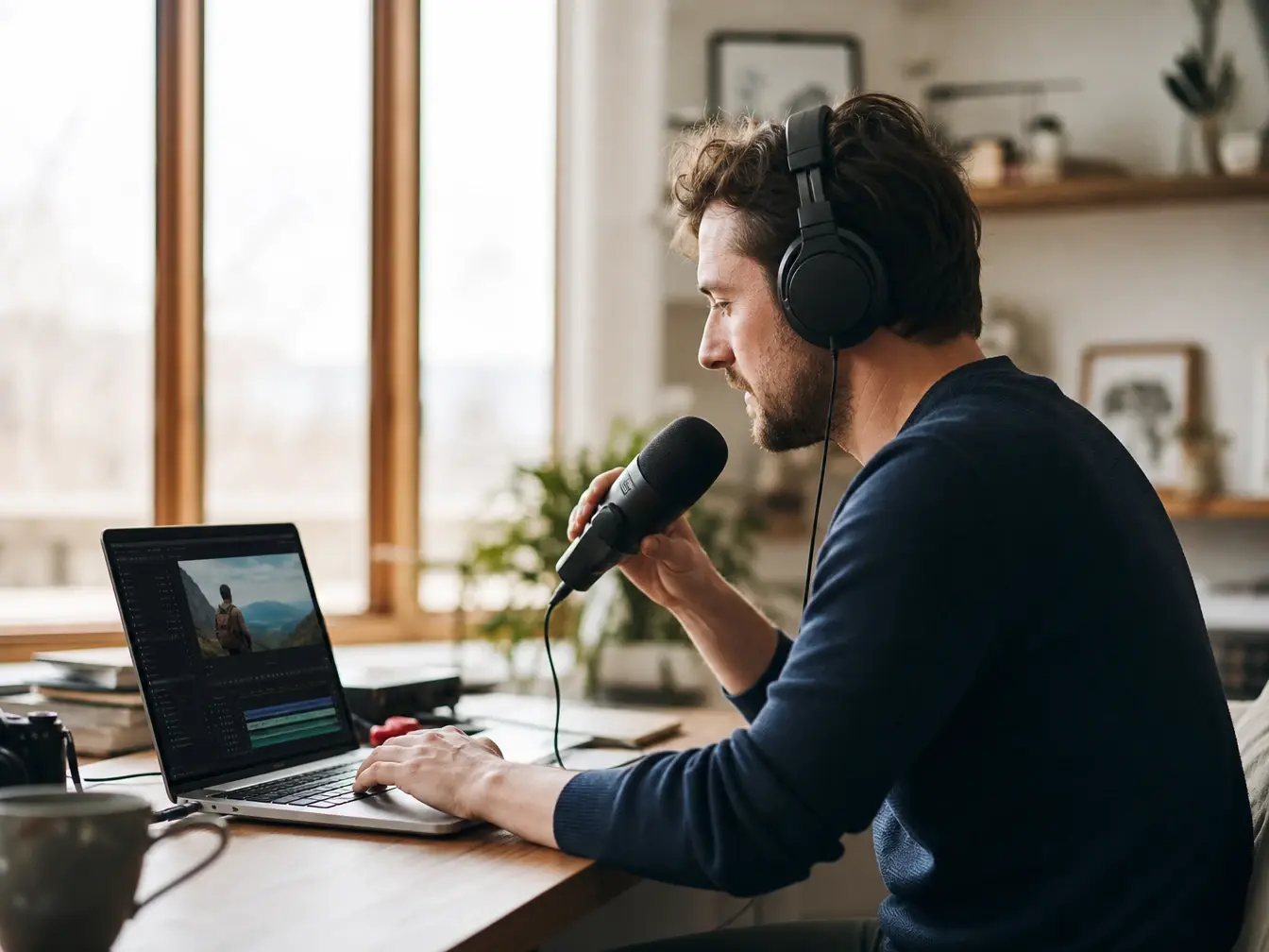 Videomaker recording a reel voice over with text to speech on a laptop
