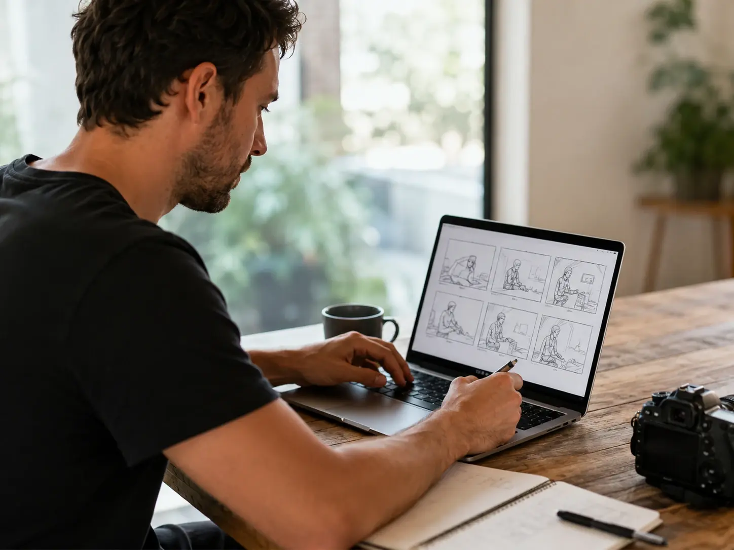 Fan de anime revisando storyboard ia con personaje y planos de persecución